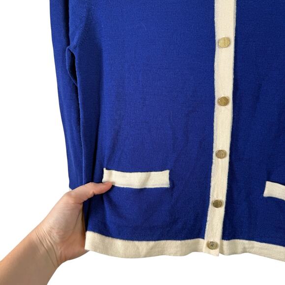 Samantha Sung Blue Cream Cardigan Crop Sweater 100% Wool Preppy Womens Medium - Picture 2 of 5